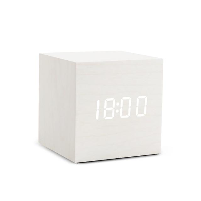 Wood Cube Alarm Clock with an LED Display, Temperature and Humidity | Three Wake Times, Sound or Touch Activated | Ten Styles