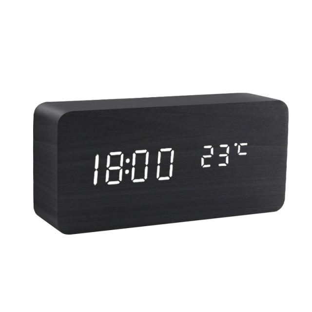 Wood Cube Alarm Clock with an LED Display, Temperature and Humidity | Three Wake Times, Sound or Touch Activated | Ten Styles