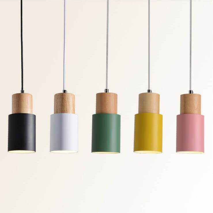 Cylinder Aluminum Pendant Light with Wood Detail | Adjustable Up to 47.24 Inches | Available in 5 Colors