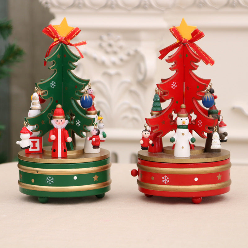 Wooden Christmas Music Box with Tree, Santa and Snowman