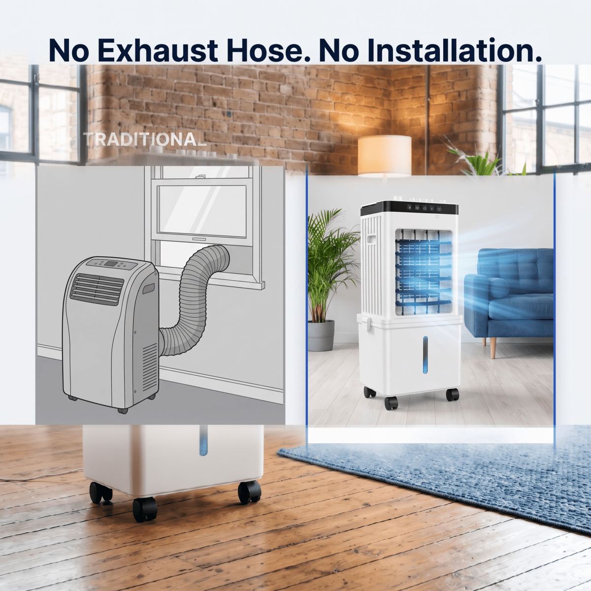 Premium 3-in-1 Mobile Air Cooler with Ice Packs | No Exhaust Hose, Whisper-Quiet | Remote Control &amp; Wheels