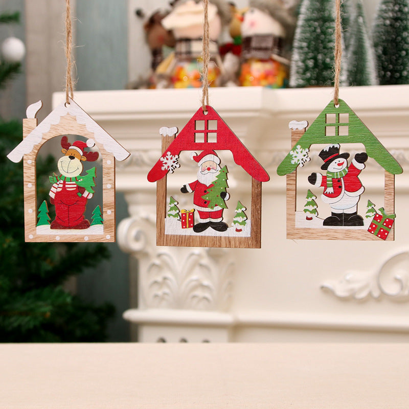 Wooden Christmas Tree Ornaments with Santa House Design