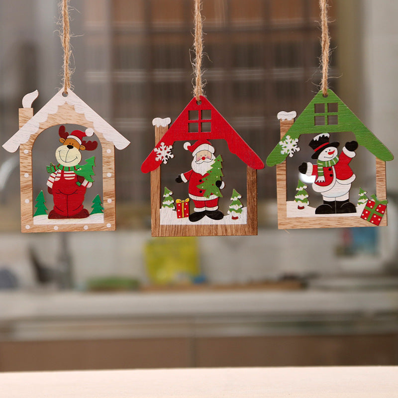 Wooden Christmas Tree Ornaments with Santa House Design