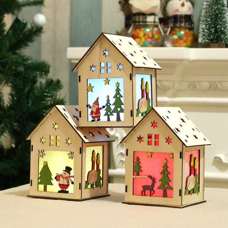 Wooden Christmas Village House Lantern with LED Light