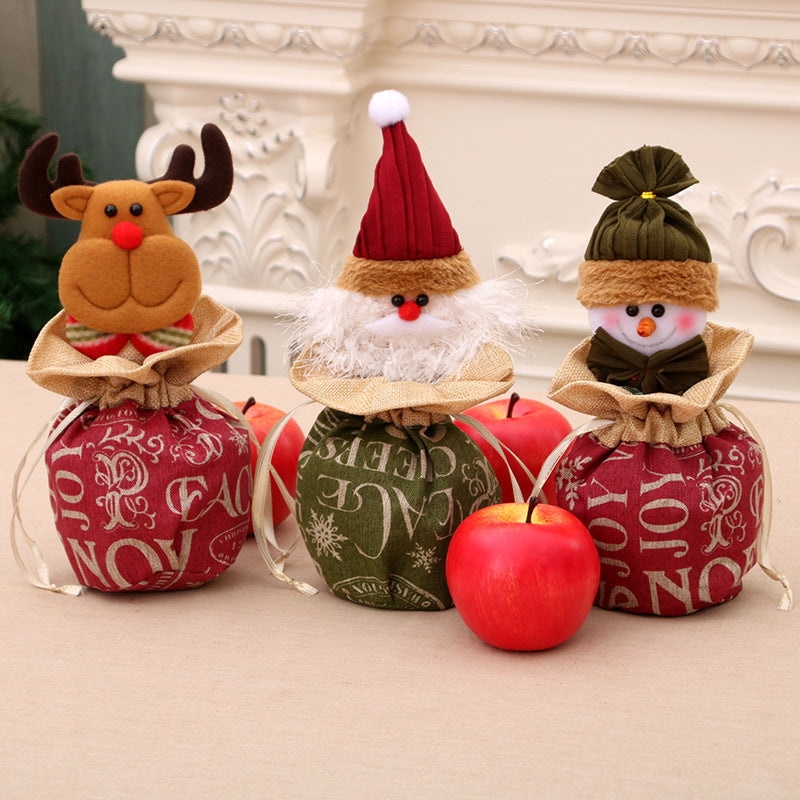 Christmas Figurines Fabric Drawstring Bag with Plush Santa Face