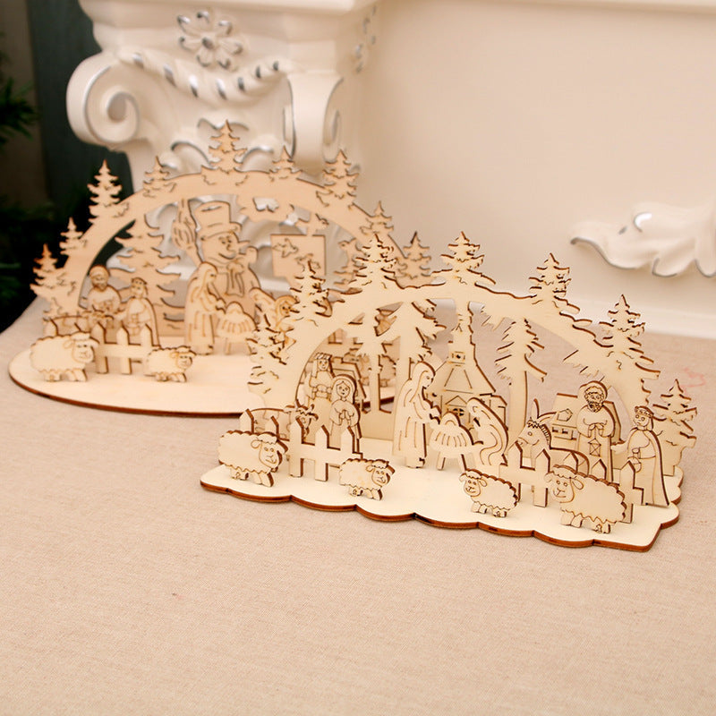Wooden Christmas Scene Ornament Decoration with Snowman