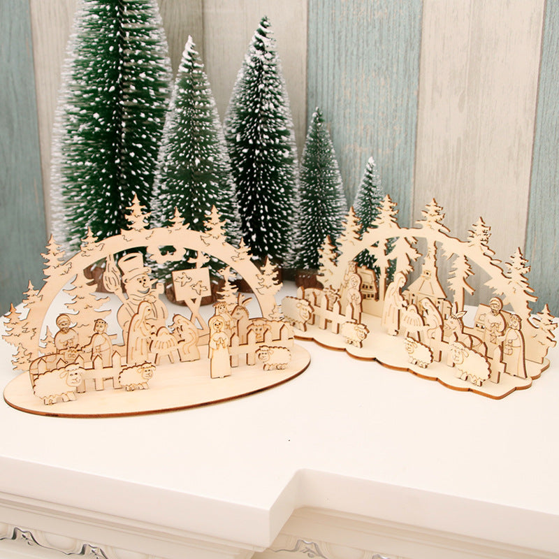Wooden Christmas Scene Ornament Decoration with Snowman