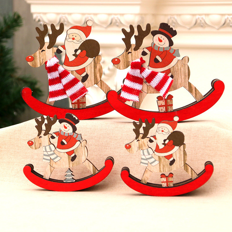 Wooden Reindeer Rocking Christmas Figurines with Santa