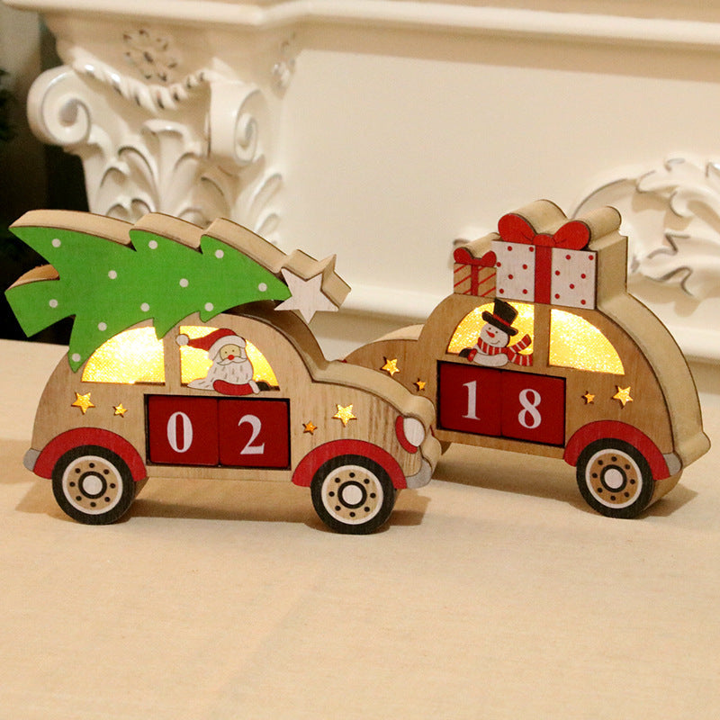Wooden Christmas Decorations Car Figurine with Snowman