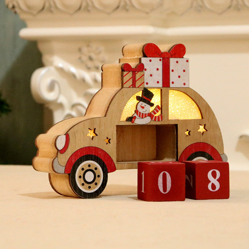 Wooden Christmas Decorations Car Figurine with Snowman