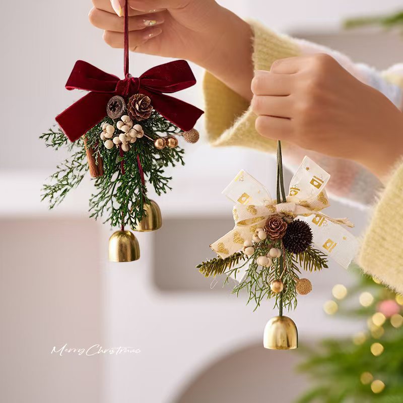 Christmas Tree Ornaments with Velvet Bow, Pine Sprigs and Bells