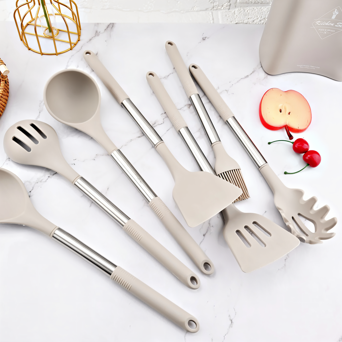 Twelve-Piece Silicone Kitchen Cooking Utensils Set with Holder | Stainless Steel Handles, Heat Resistant | 3 Colors