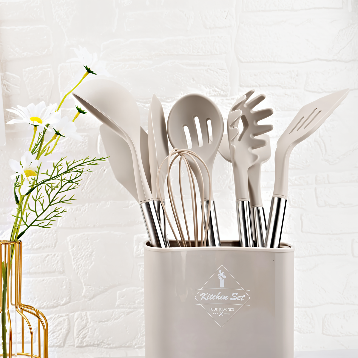 Twelve-Piece Silicone Kitchen Cooking Utensils Set with Holder | Stainless Steel Handles, Heat Resistant | 3 Colors