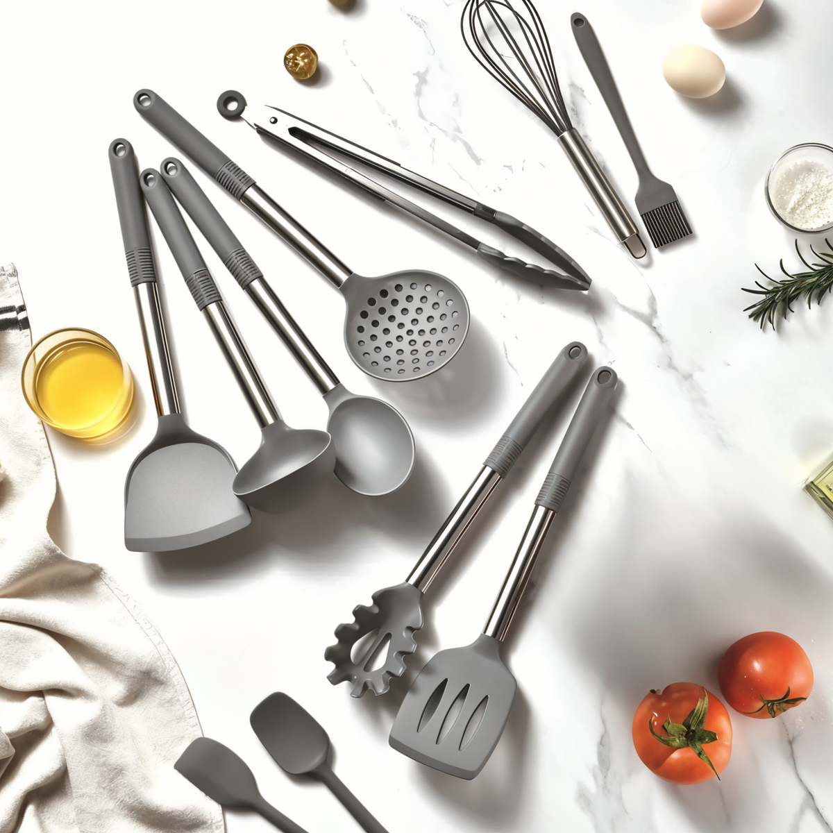 Twelve-Piece Silicone Kitchen Cooking Utensils Set with Holder | Stainless Steel Handles, Heat Resistant | 3 Colors