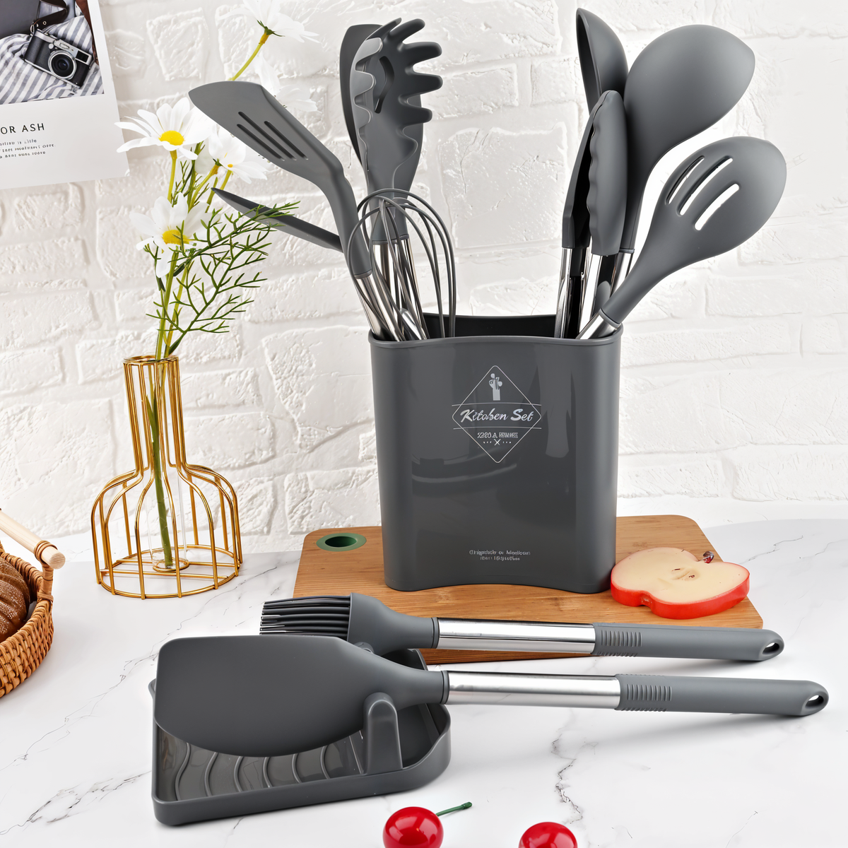 Twelve-Piece Silicone Kitchen Cooking Utensils Set with Holder | Stainless Steel Handles, Heat Resistant | 3 Colors