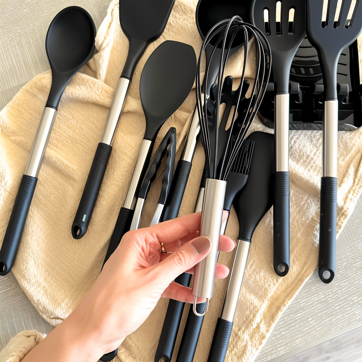 Twelve-Piece Silicone Kitchen Cooking Utensils Set with Holder | Stainless Steel Handles, Heat Resistant | 3 Colors
