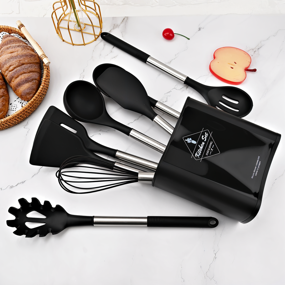 Twelve-Piece Silicone Kitchen Cooking Utensils Set with Holder | Stainless Steel Handles, Heat Resistant | 3 Colors