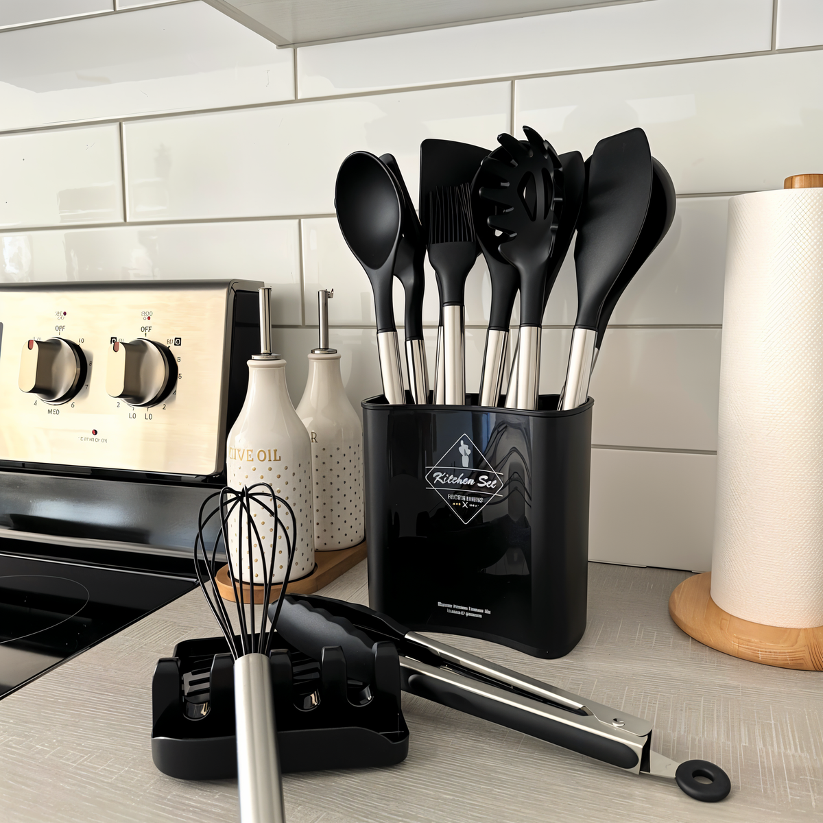 Twelve-Piece Silicone Kitchen Cooking Utensils Set with Holder | Stainless Steel Handles, Heat Resistant | 3 Colors