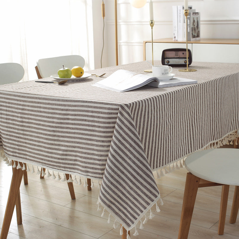 Striped Tablecloth with Tassel Fringe | Machine Washable Table Cover for Dining, Picnics and Events | 3 Colors