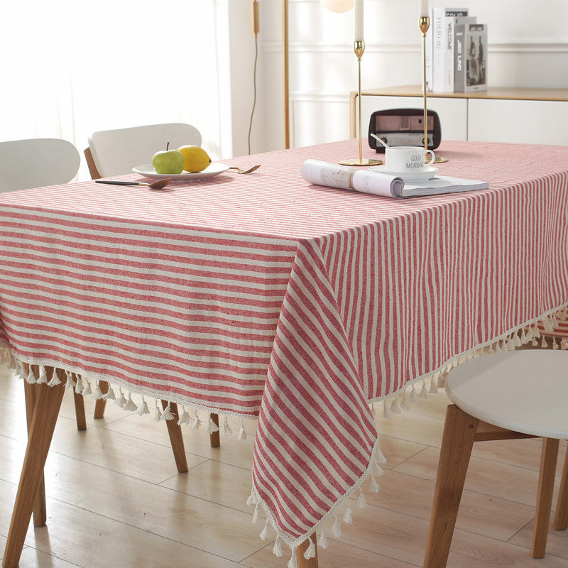 Striped Tablecloth with Tassel Fringe | Machine Washable Table Cover for Dining, Picnics and Events | 3 Colors