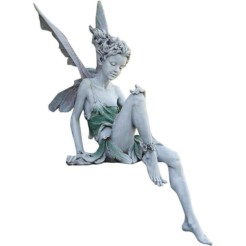 Sitting Fairy Statue with Detailed Wings | Resin Garden Ornaments for a Wall, Ledge or Table Edge | Two Finishes, No Fixings