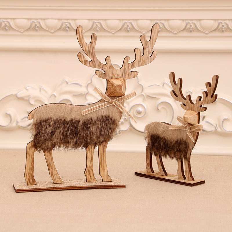 Wooden Reindeer Figurines Set with Faux Fur Body for Display