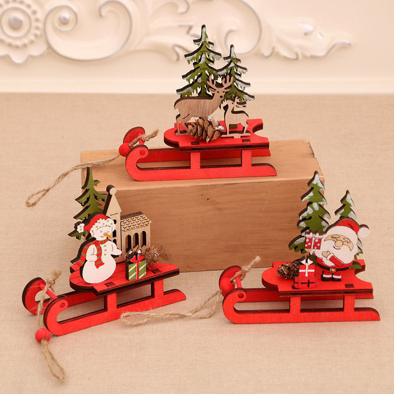 Wooden Christmas Ornaments Sleigh Set with Santa and Deer