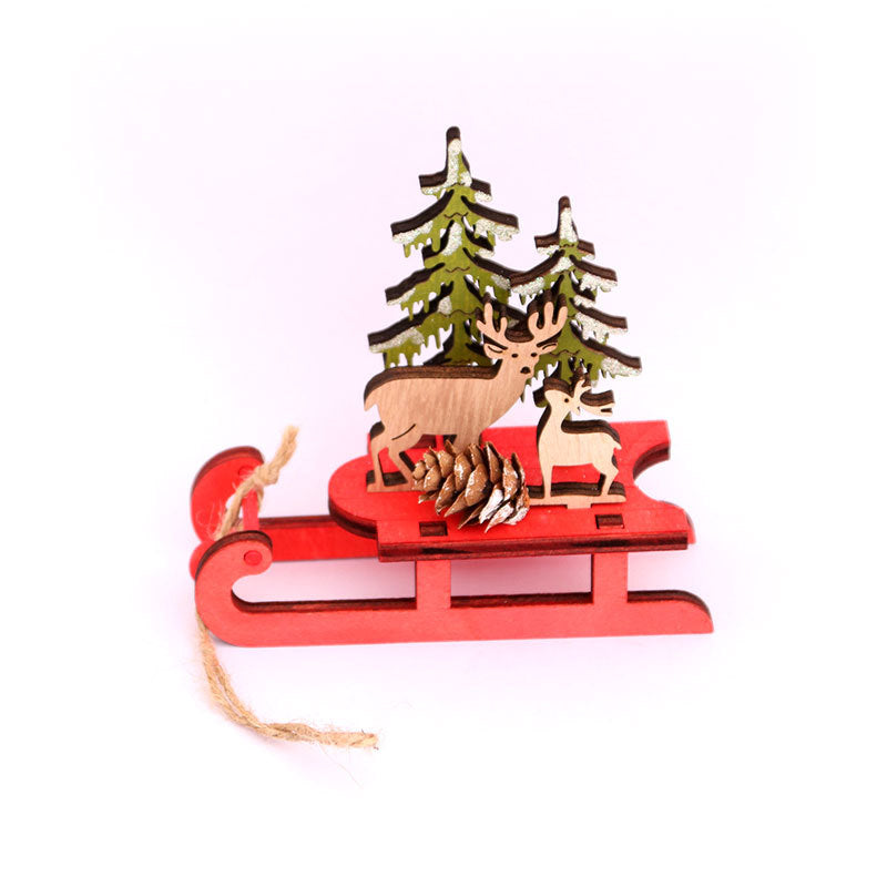 Wooden Christmas Ornaments Sleigh Set with Santa and Deer