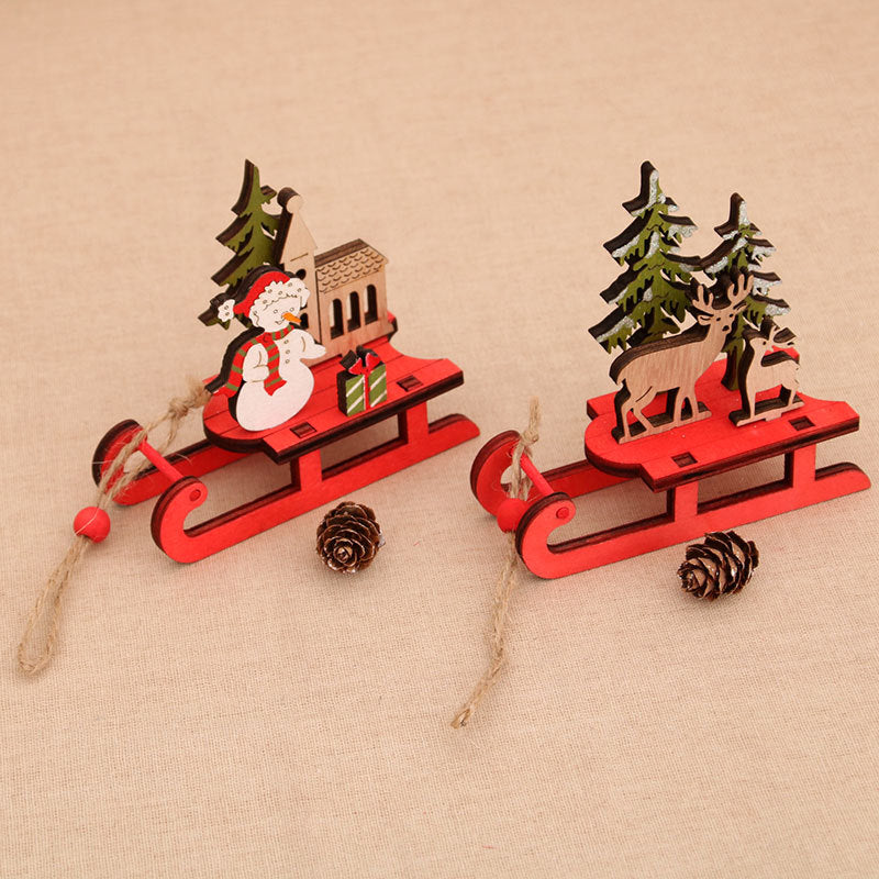 Wooden Christmas Ornaments Sleigh Set with Santa and Deer