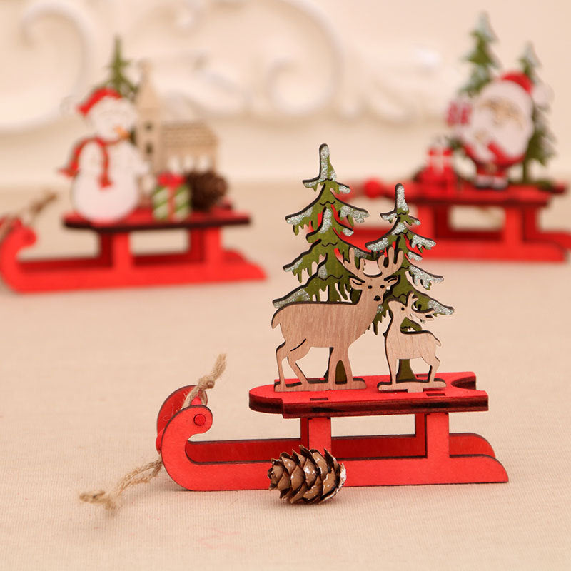 Wooden Christmas Ornaments Sleigh Set with Santa and Deer