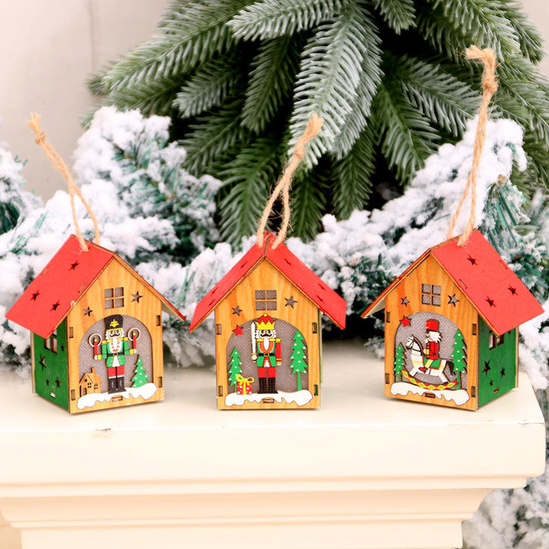 Wooden Christmas House Ornaments with Nutcracker Decorations