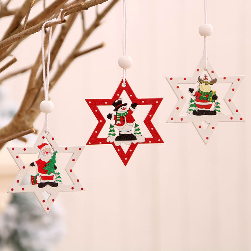 Wooden Star Christmas Tree Ornaments Set of 3 with Santa