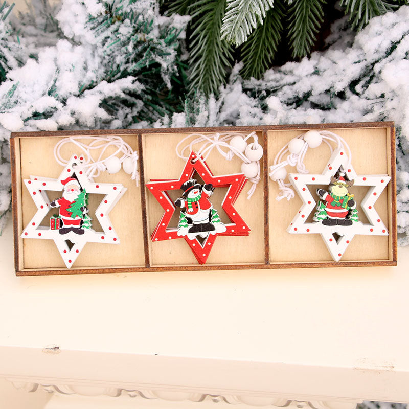 Wooden Star Christmas Tree Ornaments Set of 3 with Santa