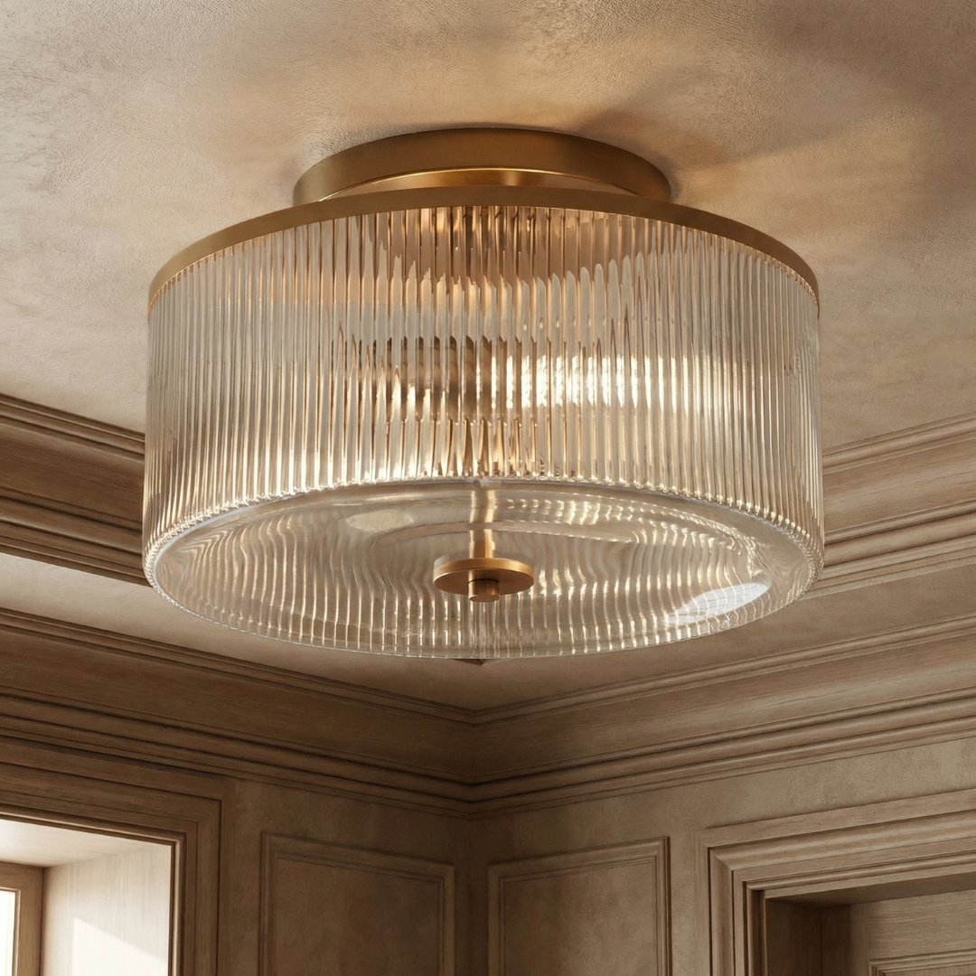 Ribbed Glass Drum Ceiling Light | Available in Brass or Black | Soft Even Glow for Bedrooms and Kitchens