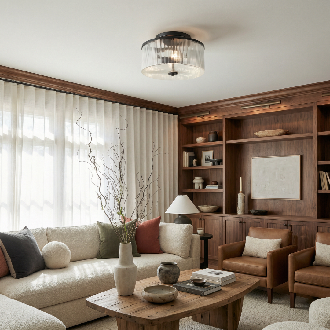 Ribbed Glass Drum Ceiling Light | Available in Brass or Black | Soft Even Glow for Bedrooms and Kitchens
