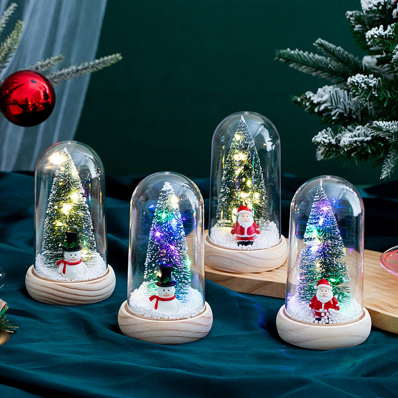 Mini Christmas Tree with Lights in Glass Dome on Wood Base