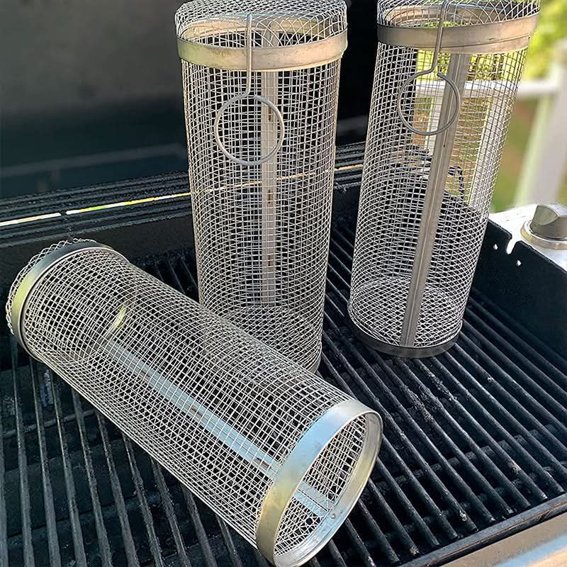 Stainless Steel BBQ Grill Basket with Cylindrical Design | Rotating for Even Cooking | Secure Closure for Vegetables and Meat