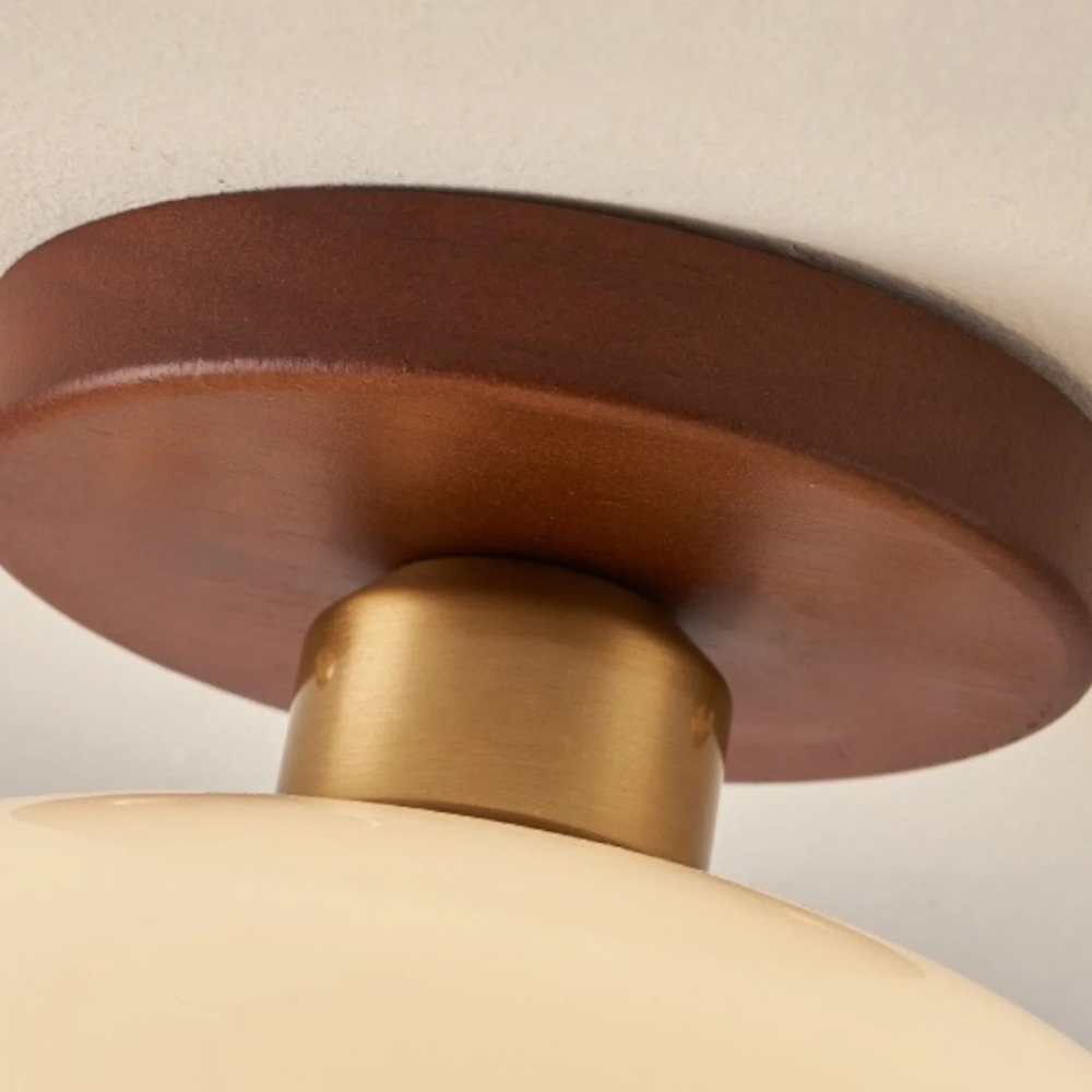 Bauhaus Glass Ceiling Light with Wood-Toned Base | Cream Glass Shade | Soft Diffused Glow for Bedrooms and Hallways