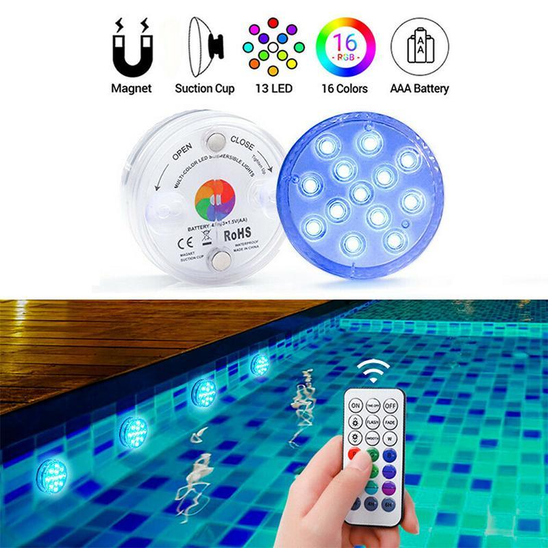 Submersible Waterproof LED Lights with a Remote | 13 Beads, 16 Colors, Magnet and Suction Cup | IP68, Runs on AAA Batteries