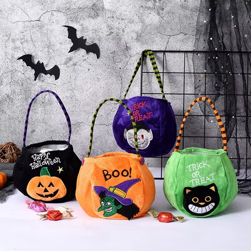 Pumpkin Halloween Treat Bag For Kids | 9.84 X 5.11 In Brushed Cloth With Adjustable Strap | 4 Colors, Reinforced Seams