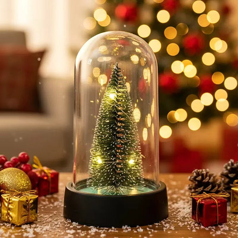 Mini Christmas Tree with Lights in Glass Dome on Wood Base