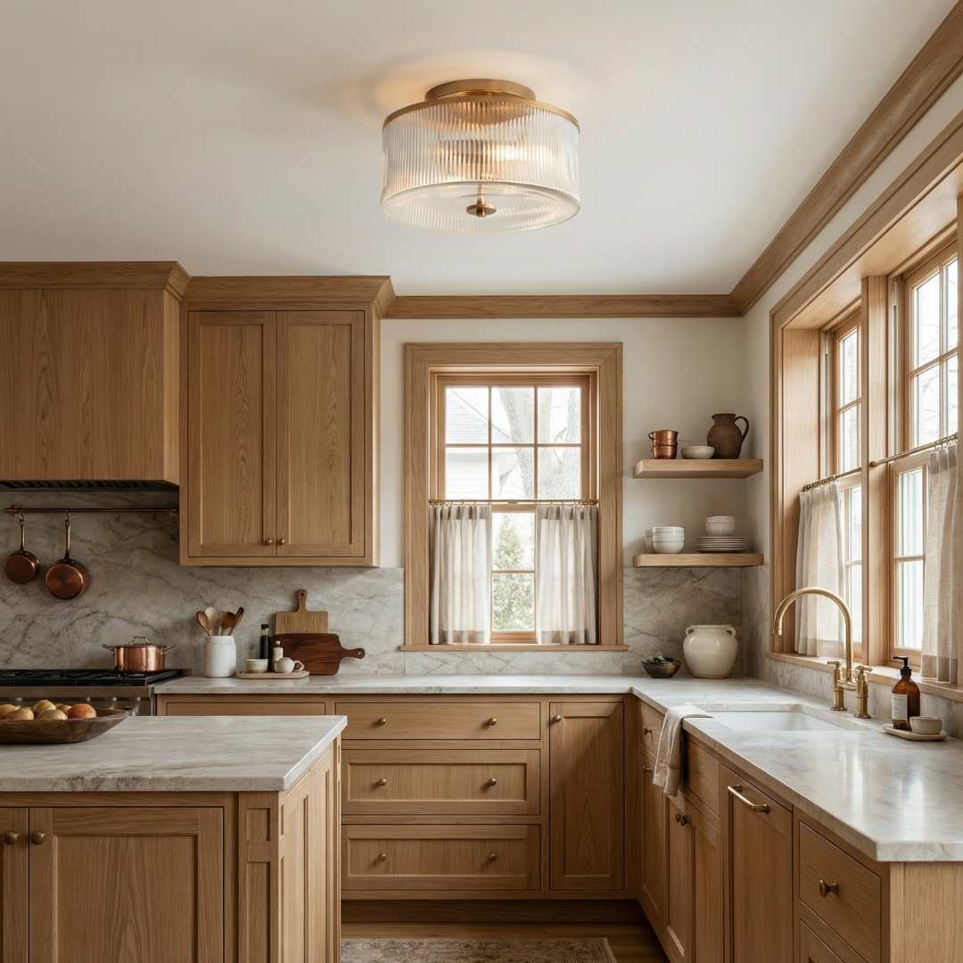 Ribbed Glass Drum Ceiling Light | Available in Brass or Black | Soft Even Glow for Bedrooms and Kitchens