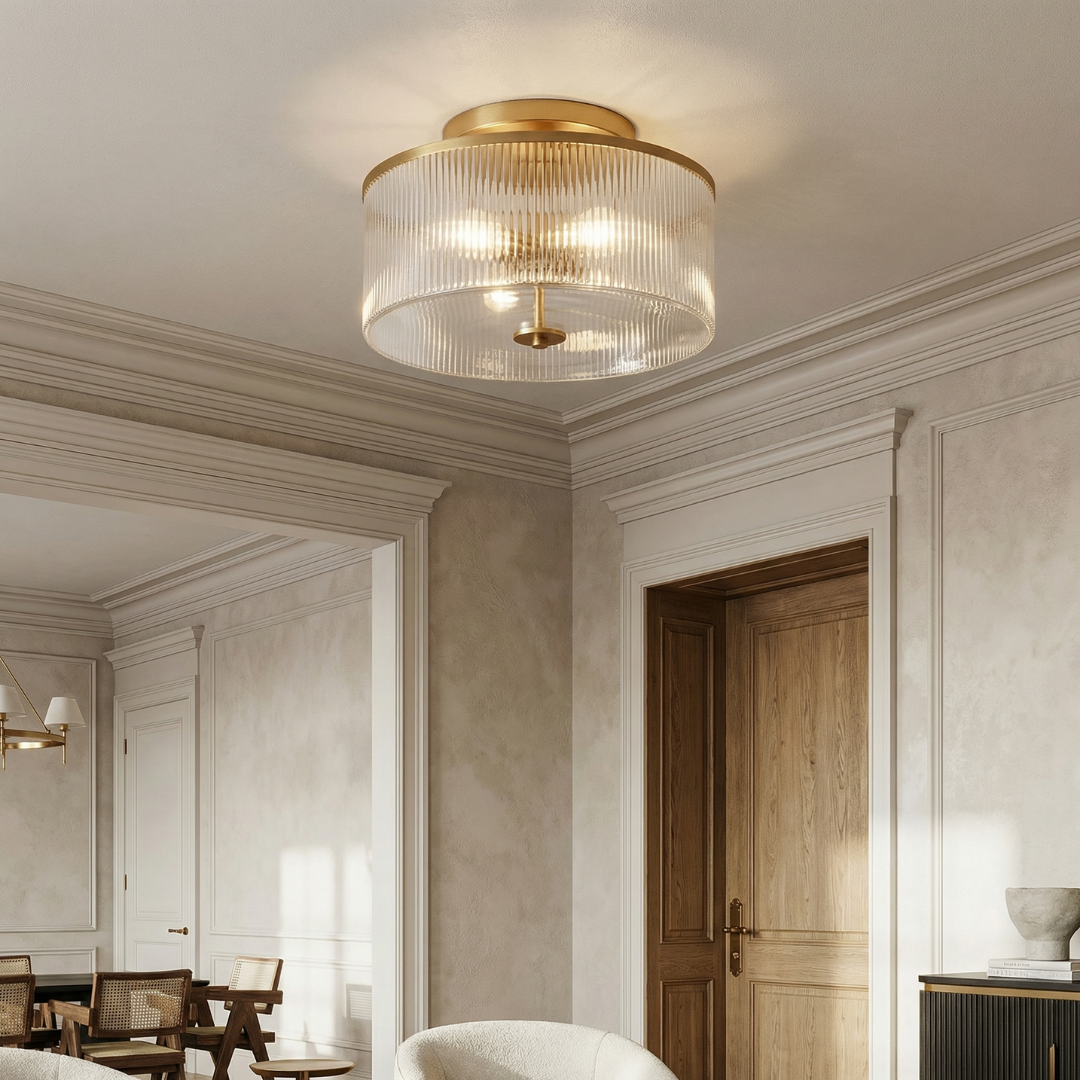 Ribbed Glass Drum Ceiling Light | Available in Brass or Black | Soft Even Glow for Bedrooms and Kitchens