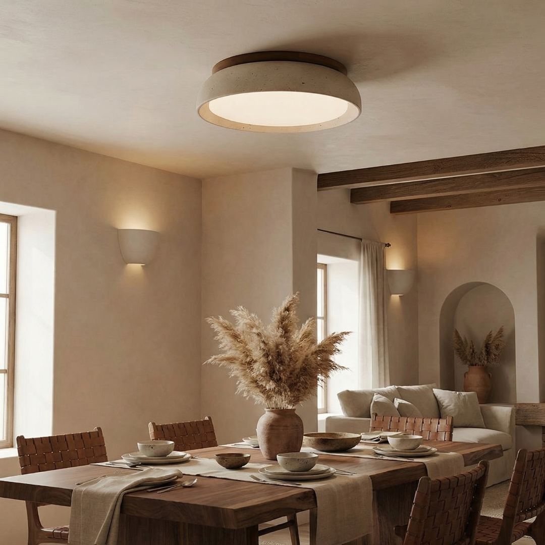Travertine Ceiling Light with Acrylic Diffuser | High CRI 95+ Color Accuracy | Low-Profile Flush Mount for Bedrooms and Hallways