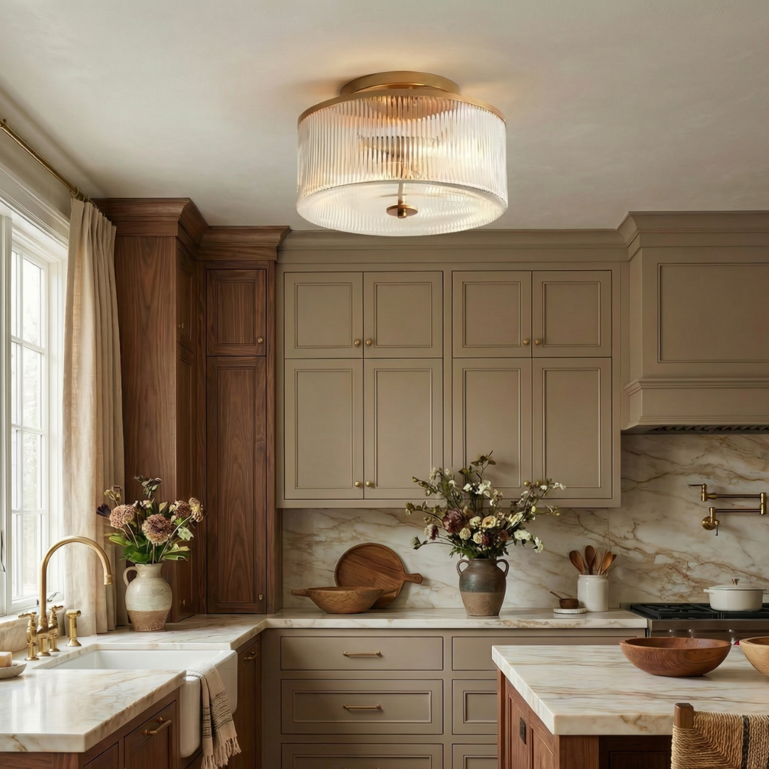 Ribbed Glass Drum Ceiling Light | Available in Brass or Black | Soft Even Glow for Bedrooms and Kitchens