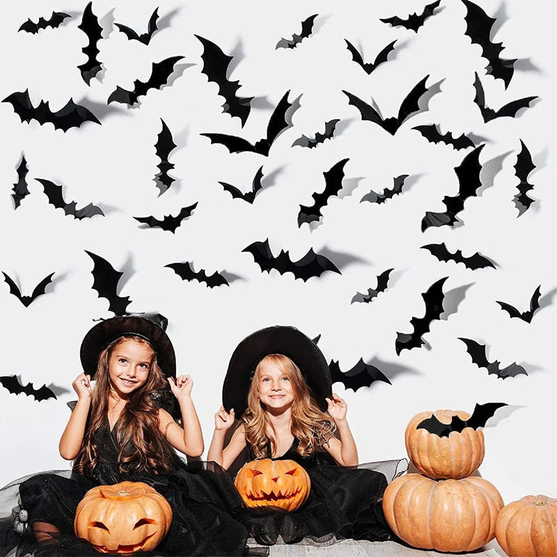 Black 3D bat wall decals arranged in a flying swarm on a wall