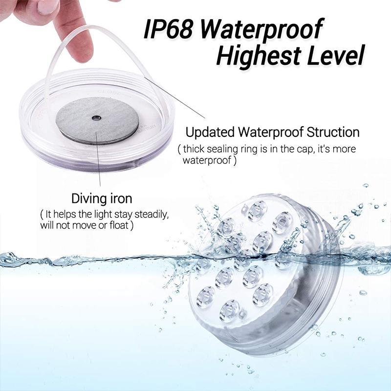Submersible Waterproof LED Lights with a Remote | 13 Beads, 16 Colors, Magnet and Suction Cup | IP68, Runs on AAA Batteries