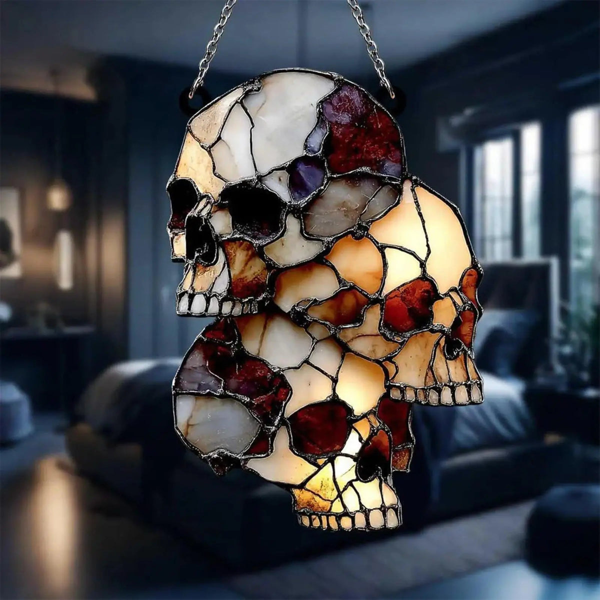 Cracked skull texture and hollow eyes on the acrylic ornament
