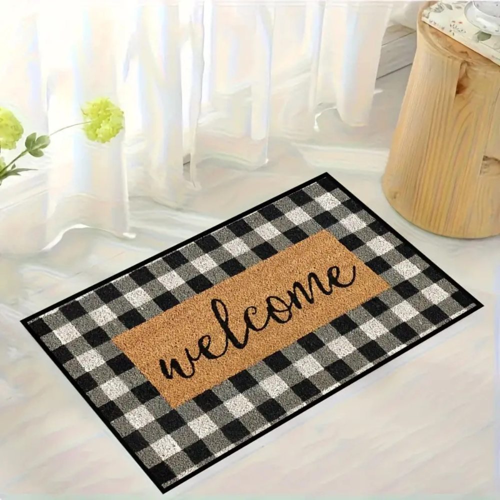 Buffalo Plaid Welcome Door Mat | Checkered Pattern with Welcome Text | Durable for Daily Entryway Use