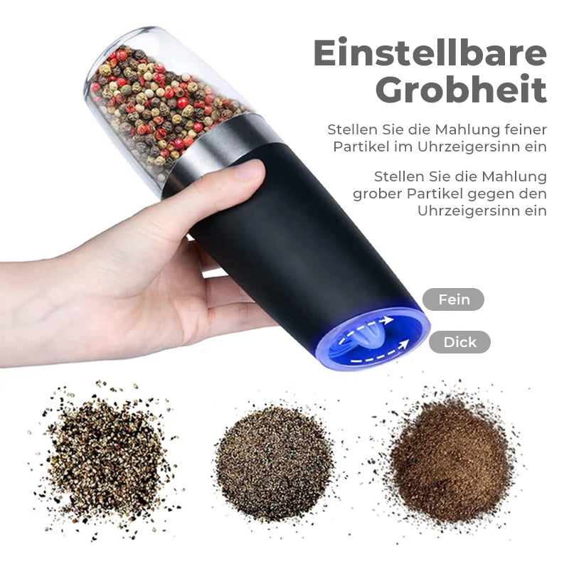 Electric Salt and Pepper Grinder with Gravity Sensor | Ceramic Burrs, Adjustable Coarseness, Blue LED | Black or Silver